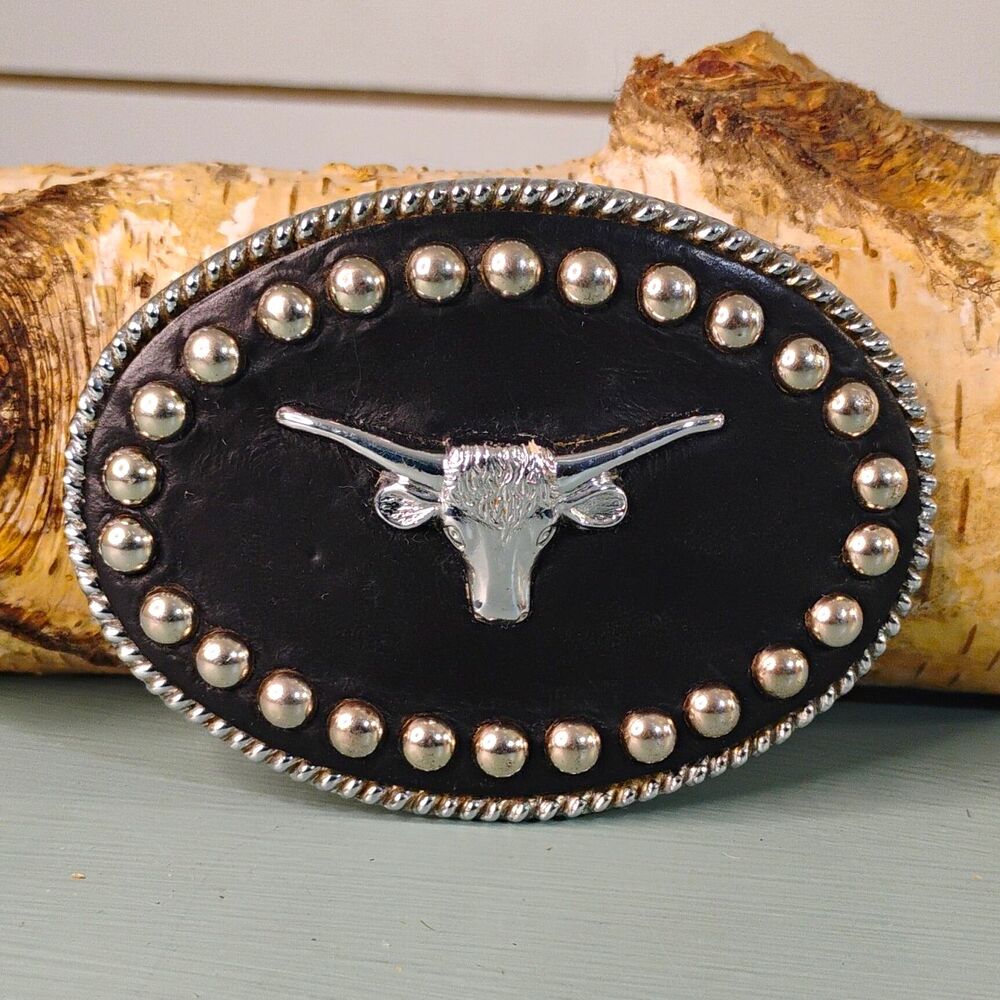 Rockmount Ranch Wear Western Longhorn Oval Belt Buckle Black Leather Stud Border